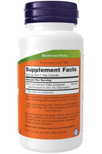 NOW Olive Leaf Extract 500 mg, Экстракт листьев оливы 500 мг, 60 капсул